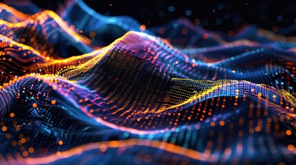 Poster - Colorful particles are forming waves, creating a mesmerizing visualization of big data flowing in cyberspace, representing the dynamic and complex nature of information in the digital age