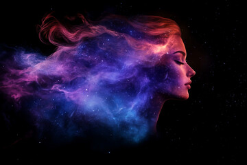 Wall Mural - a profile view of an abstract female head with colorful nebulae creates a surreal atmosphere.