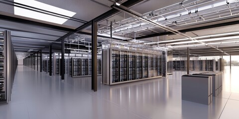 Poster - A 3D visual of a modern cloud data center with multiple racks of servers, interconnected by virtual networks and cloud-based infrastructure.