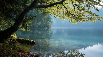 Aufkleber - Serene Lake Scene with Trees Reflecting in Tranquil Clear Water : Generative AI