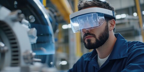 Fototapete - A digital engineer using augmented reality glasses to monitor industrial machinery, showcasing the role of cutting-edge technology in industrial control and maintenance.