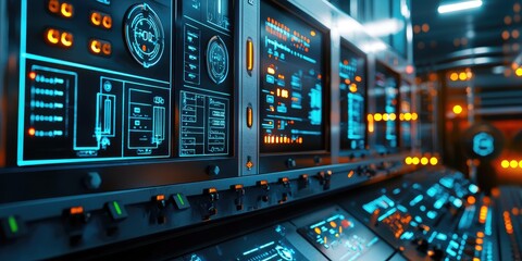 Aufkleber - A control panel with multiple integrated systems in an industrial facility, showing the advanced automation systems managing energy, production, and machinery.