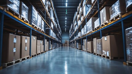 Leinwandbilder - Spacious Warehouse Storage Facility with Boxes Stacked on Shelves in Industrial Environment : Generative AI