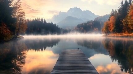 Poster - Serene Autumn Morning Lake Scene with Mist and Mountain Background : Generative AI