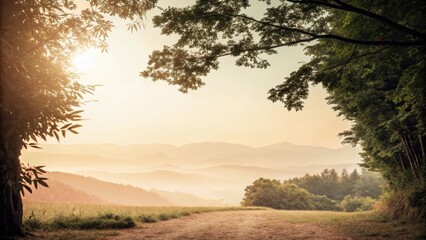 Wall Mural - golden sunlight flooding a misty valley creates a serene and picturesque landscape, with a winding d