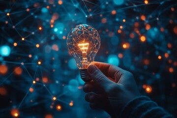 Wall Mural - Hand holding glowing lightbulb, network connections background.