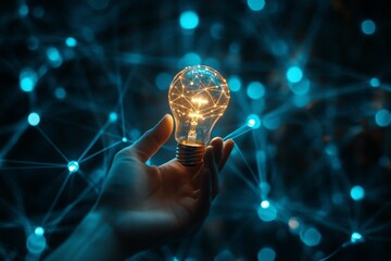 Poster - Hand holding illuminated lightbulb; network connections.