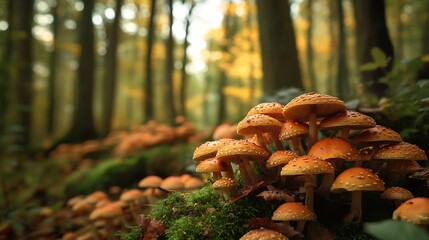 Aufkleber - Cluster of Orange Fungi Growing in Dense Autumn Forest Setting : Generative AI
