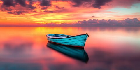 Poster - Tranquil Turquoise Boat Reflecting in Mirror-like Sunset Waters : Generative AI