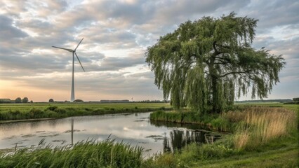 Wall Mural - Modern wind turbine stands tall in a green field. Generating clean energy near a tranquil river and a graceful weeping willow tree. As the sun sets. Casting a warm glow over the peaceful landscape