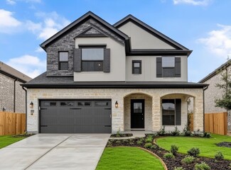 Aufkleber - Two-story house with stone accents, dark gray garage door, and landscaped yard.