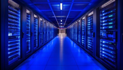 Poster - Blue-lit server room corridor with rows of data center racks.