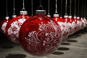 A row of oversized red baubles featuring intricate white snowflake and swirl designs, dangling from silver cords.