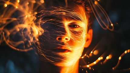 Leinwandbilder - Captivating Portrait with Atmospheric Light Trails and Intense Expression : Generative AI