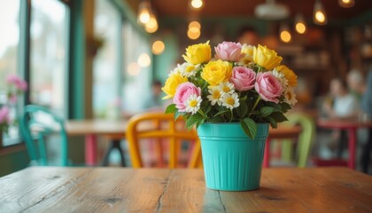 Wall Mural - A stunning bouquet of pink and yellow roses, complemented by cheerful daisies, sits in a turquoise pot on a rustic wooden table. This lively floral display brings warmth and joy to the inviting café