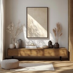 Poster - Minimalist Scandinavian Interior Design Wooden Cabinet Natural Light Warm Color Palette