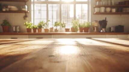 Poster - Cozy Sunlit Kitchen with Herbs on Wooden Countertop : Generative AI