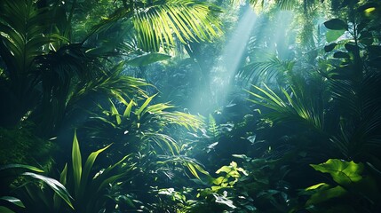 Poster - Lush Greenery with Sunlight Filtering Through Dense Jungle Foliage : Generative AI
