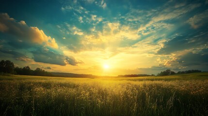 Poster - Idyllic Sunset Over Golden Field Capturing Serene Countryside Atmosphere with Dramatic Sky and Clouds : Generative AI