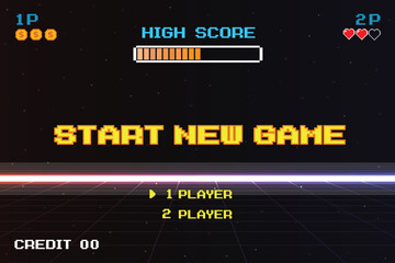 Poster - START NEW GAME play .pixel art .8 bit game. retro game. for game assets .Retro Futurism Sci-Fi Background. glowing neon grid. and stars from vintage arcade computer games