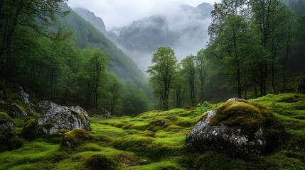 Aufkleber - Misty Mountain Forest Landscape with Lush Green Moss and Fog : Generative AI