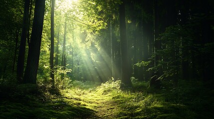 Poster - Sunlight Filtering Through Dense Forest Trees Creating Mystical Woodland Scene : Generative AI
