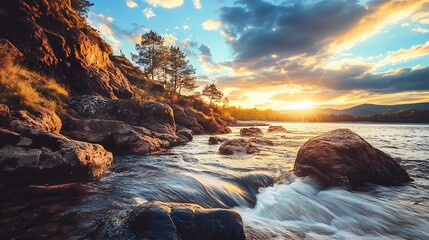 Poster - Scenic mountain river at sunset with dramatic sky and flowing water : Generative AI