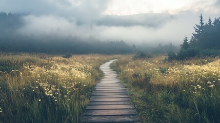 Poster - Misty Morning Wooden Pathway through Green Meadow Leading to Hills : Generative AI