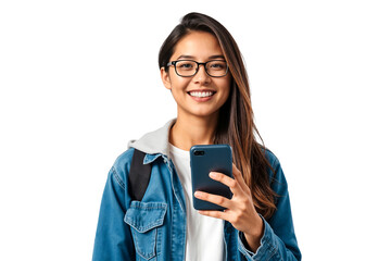 Poster - Portrait of a smiling young female college student holding a smartphone