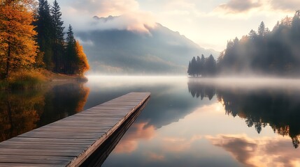 Poster - Idyllic Misty Lake Scene with Mountains and Autumn Foliage Reflections : Generative AI