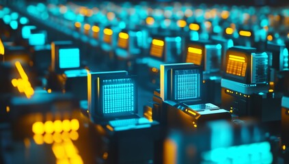 Poster - Futuristic digital server farm with glowing screens and orange lights.
