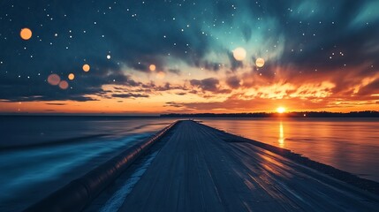 Aufkleber - Enchanting Cosmic Sunset over Tranquil Ocean Pier : Generative AI