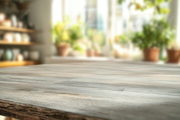 Poster - Blurred background of a wooden table in a cozy setting.