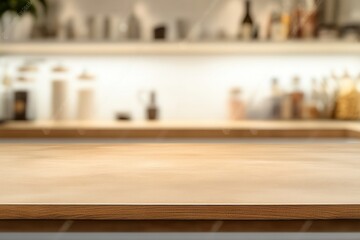 Wall Mural - Blurred kitchen countertop with shelves in background.