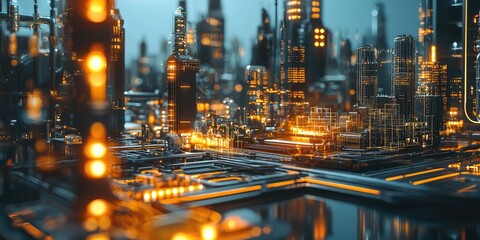 Poster - A futuristic cityscape with industrial buildings and infrastructure, featuring sleek shapes and digital networks that highlight modern design trends in urban manufacturin