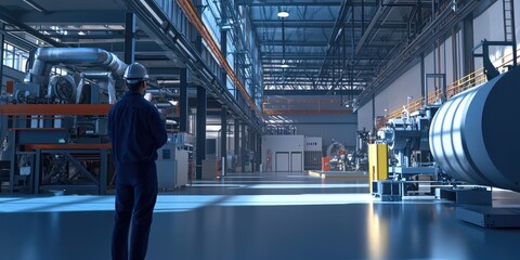 Aufkleber - An engineer inspecting a noise reduction system in a factory. The technical blueprint and machinery showcase the integration of safety solutions.