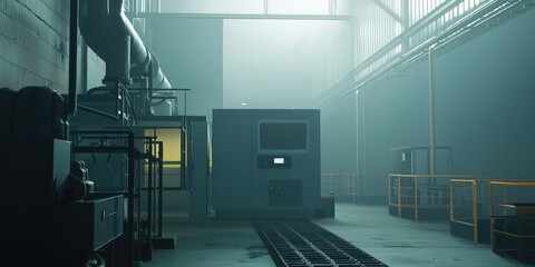 Aufkleber - A professional adjusting noise reduction equipment in a foggy factory setting. The muted colors emphasize the atmosphere of safety and engineering.