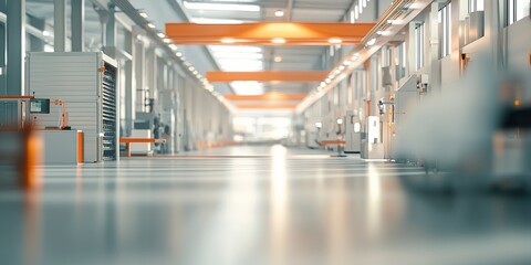 Aufkleber - A blurred image of a factory s production line, emphasizing noise reduction systems integrated into the machinery to create a quieter working environment.