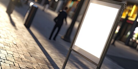 Poster - Blank Advertisement Board on City Street at Sunset with Warm Lighting and People in Background