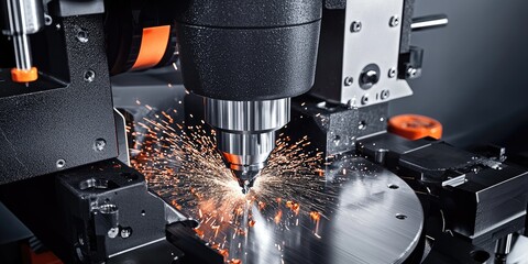 Aufkleber - A close-up of a CNC machine cutting steel in an industrial setting. The sparks and precision highlight advanced manufacturing methods.