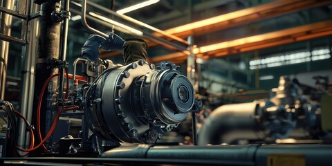 Aufkleber - A technician setting up a mechanical pump in a factory. The process involves aligning the pump with steel pipes under bright overhead lighting.