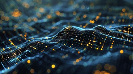 Poster - complex data streams are visualized as a dynamic, undulating wave of interconnected points of light,