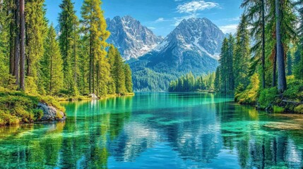 Wall Mural - Serene mountain lake with crystal clear water, surrounded by lush green pine trees and snow-capped peaks reflecting in the water.