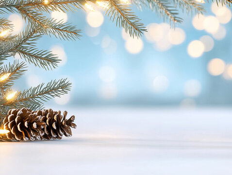 Christmas Decoration Banner - Snowy Pine Cones On Fir Branch With Lights