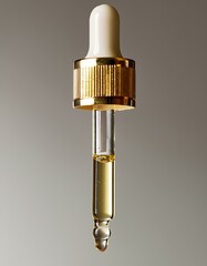 Wall Mural - Glass dropper bottle with gold cap filled with amber liquid.