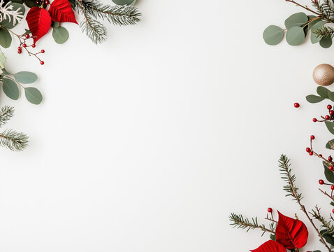 Christmas decoration. Frame of flowers of red poinsettia, branch christmas tree, ball, red berry on a white background with space for text. Top view, flat lay