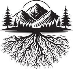 Wall Mural - Roots merging with mountain silhouettes vector illustration