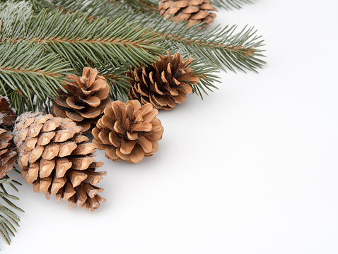 Christmas Fir tree branches and pine cones background
