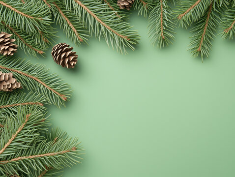 Christmas Fir tree branches and pine cones background
