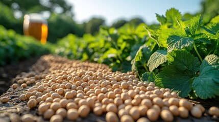 Wall Mural - soybeans scattered on ground near hops and beer.